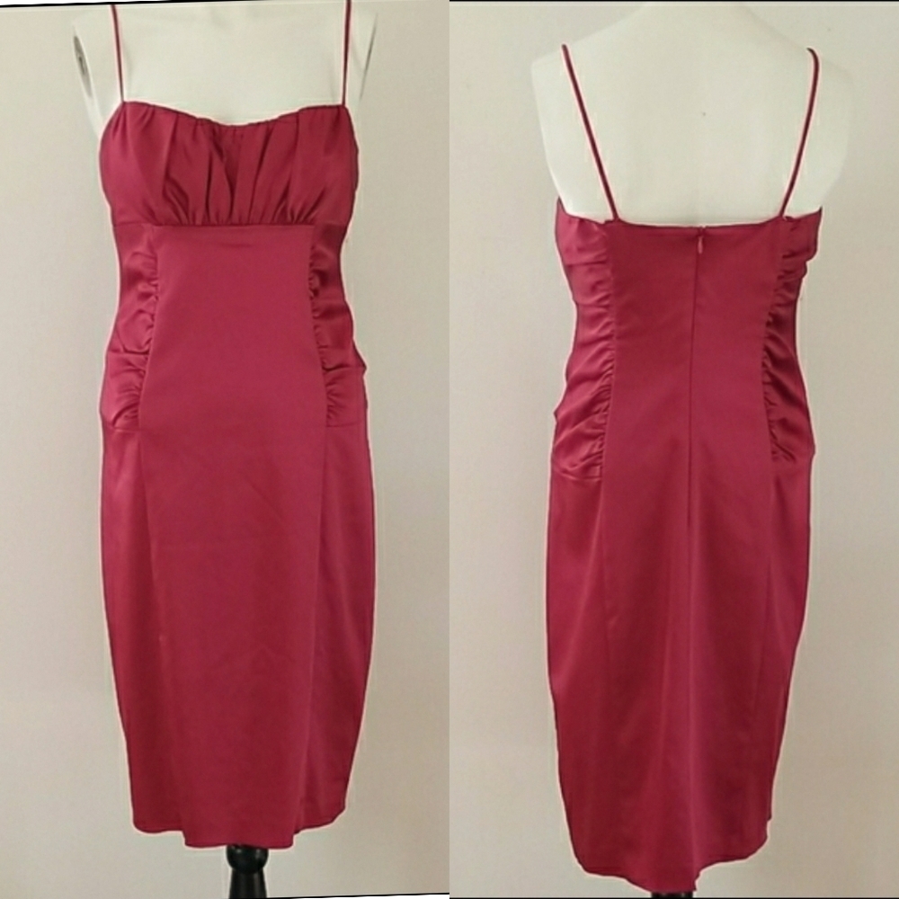 David Meister Cranberry Red Empire Style Midi Cocktail Dress, Size 6